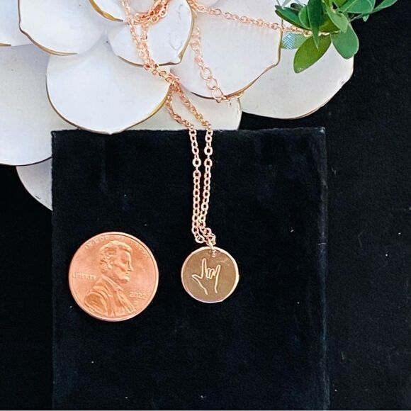 Delicate Rose Gold Tone American Sign Language ASL I Love You Necklace NWT - Picture 2 of 9